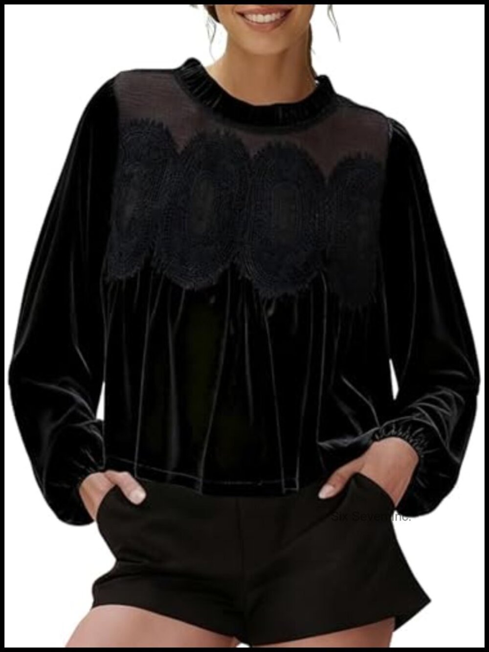 Velvet Lace Patchwork Mesh Babydoll Blouse Puff Sleeve Ruffle Top